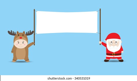 Santa Claus and Boy in Reindeer costume holding Blank Banner. Vector Cartoon for Christmas and New Year Advertising