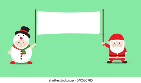 Santa Claus and Boy in Snowman costume holding Blank Banner. Vector Cartoon for Christmas and New Year Advertising
