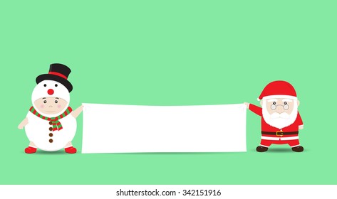 Santa Claus and Boy in Snowman costume holding Blank Banner. Vector Cartoon for Christmas and New Year Advertising