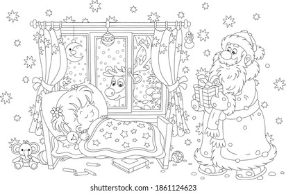 Santa Claus bringing a beautiful gift box to a cute little girl sleeping in a small bed on the snowy night before Christmas, a magic reindeer looking through a window of a decorated nursery room