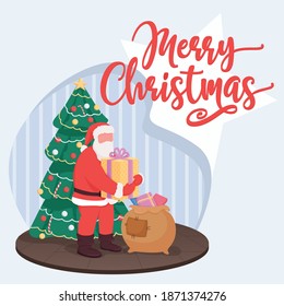 Santa Claus bringing presents postcard mockup. Merry Christmas phrase. Web banner design template. New Year booster, content layout with inscription. Poster, print ads and flat illustration