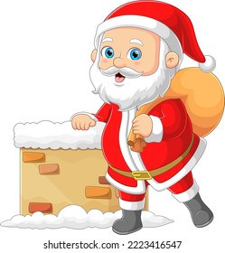 The Santa claus is bringing a small gifts sack while posing near to chimney of illustration