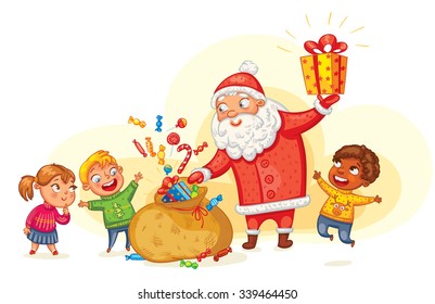 Santa Claus brings gifts to children. Merry Christmas and happy New Year. Funny cartoon character. Vector illustration. Isolated on white background