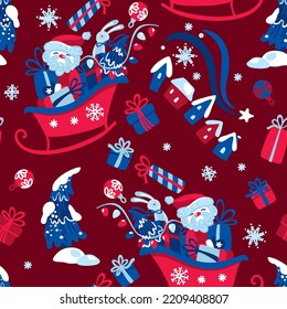 Santa Claus brings gifts. Christmas is coming. Cute seamless pattern. Vector.