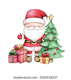 Santa Claus brings gifts, Christmas tree and presents