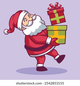 Santa claus brings green and red gift box hand drawn illustration