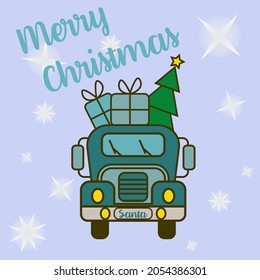 Santa Claus brings on his blue car presents and Christmas tree