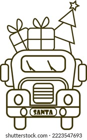 Santa Claus brings on his red car presents and Christmas tree front side view