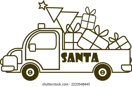 Santa Claus brings on his red car wrapped presents and Christmas tree side view