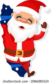 Der Weihnachtsmann brach durch und windet seine Hand, Charakter. Frohe Weihnachten und glückliches neues Jahr
