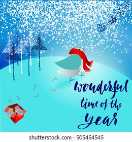 Santa Claus brought a bad gift. Angry bird dissatisfied Christmas gift. A pair of mittens. Christmas lettering. Wanderful time of the year.