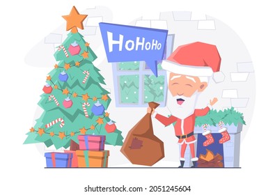 Santa Claus brought a bag of presents, he is standing near the fireplace and the Christmas tree