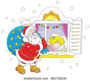 Santa Claus brought Christmas gifts for a little girl sleeping in her bedroom