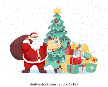 Santa Claus brought a letter, a bag of gifts and a New Year tree. Flat cartoon character. Cartoon vector illustration for card, poster, design. Merry Christmas.