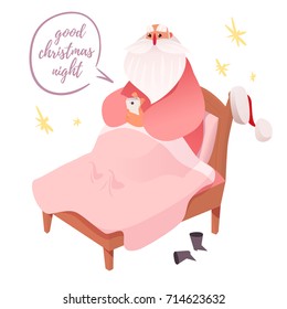 Santa Claus browsing something in smartphone in bed. Vector cartoon flat character design on white background. Cute illustration with sample text Good Christmas Night.