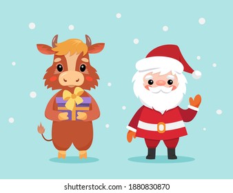 Santa claus and bull concept illustration. Christmas symbols. Cute vector characters