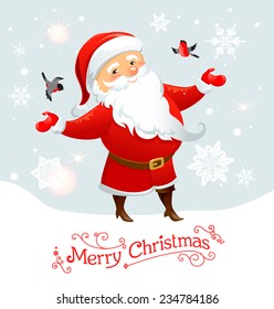 Santa Claus with bullfinches. Holiday card with place for text.
