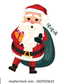 Santa Claus with a bunch of gifts, carries, drags on a sleigh. Flat, cardun, christmas eve and new year.