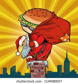 Santa Claus with a Burger climbs into the chimney. Food delivery. Pop art retro vector illustration vintage kitsch drawing