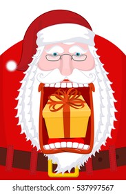 Santa Claus burping gift. Open mouth Box burp. Crazy Christmas grandfather