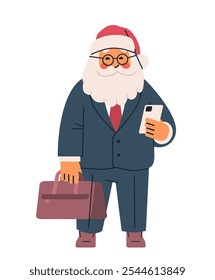 Santa Claus in business attire holding a smartphone and briefcase modern holiday theme professional concept isolated on white background