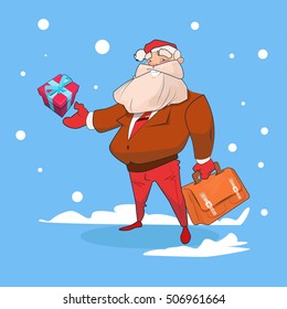 Santa Claus Business Man With Big Present Box Christmas Holiday Happy New Year Flat Vector Illustration