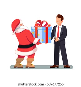 Santa Claus And Business Man. Santa Gives A Gift To Business Man