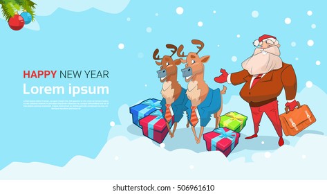 Santa Claus Business Man With Reindeer Present Box Christmas Holiday Happy New Year Flat Vector Illustration