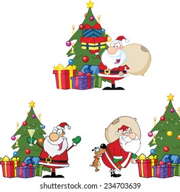 Santa Claus By A Christmas Tree. Vector Collection Set