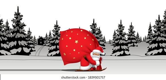 Santa Claus by ski carrying a big red sack against the black and white winter spruce forest in snow. Christmas and New Year mug design and greeting card. 
Vector Illustration