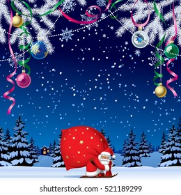 Santa Claus by ski carrying a big red sack against the night winter forest in snow under Xmas decorations. Christmas and New Year greeting card. Vector Illustration