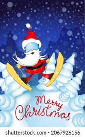 Santa Claus by ski jump against the night winter forest in snowfall. Christmas and New Year greeting card. Santa Claus Fly.