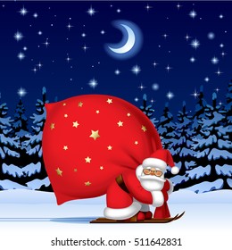 Santa Claus by ski with a red big sack against the night winter spruce forest in snow under starry sky. Vector Illustration