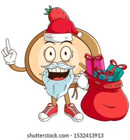 Santa claus of cake roll cartoon character carry a bag full of gift box with funny smile face