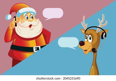 Santa Claus llama a su reno haciendo una ilustración vectorial de los planes navideños. ilustración de línea de ayuda de servicio al cliente de Navidad
