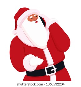 The Santa Claus calls by smartphone, talking with someone. Cute Santa speaks on the phone. Christmas, New Year distant congratulation. A vector cartoon illustration. 