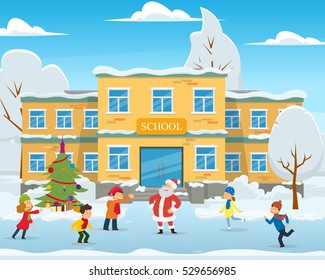 Santa Claus came to the children to school. vector illustration.
