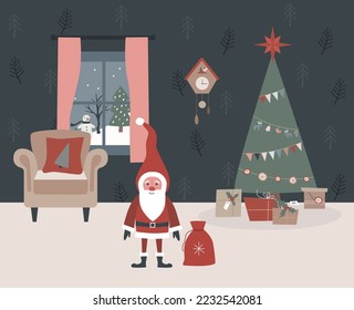 
Santa Claus came home brought gifts to put under the Christmas tree. Christmas card