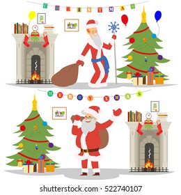 Santa Claus came to the house to put the presents under the Christmas tree for children. interior of the house with a Christmas tree and fireplace. vector illustration.