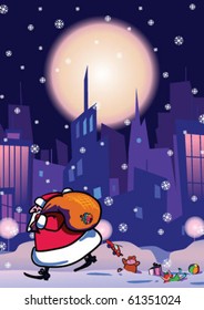 Santa Claus came at night to city deliver a gifts.Vector illustration.