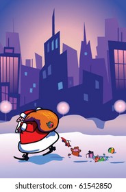 Santa Claus came at night to city deliver a gifts.Vector illustration.