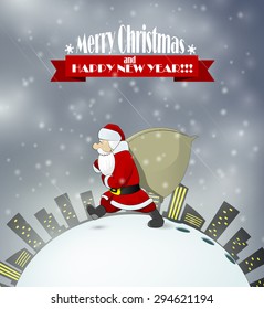 Santa Claus came at night to town deliver gifts. Vector illustration.