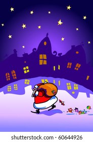 Santa Claus came at night to town deliver gifts.Vector illustration.