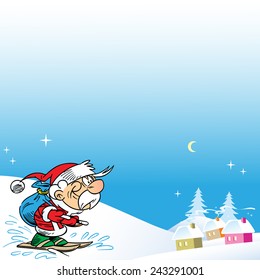 Santa Claus came to ski toward a small village with gifts for Christmas. Illustration done on separate layers, there is a place for text.