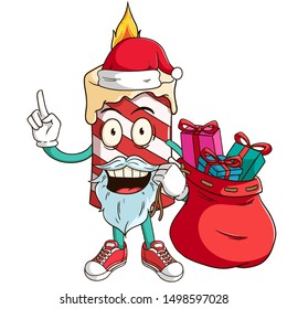 Santa claus of candle cartoon character carry a bag full of gift box with funny smile face