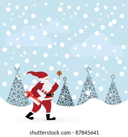 Santa Claus with candle and envelope in winter forest vector illustration