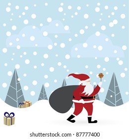 Santa Claus con vela en la ilustración de vectores del bosque invernal