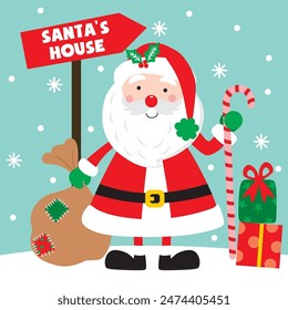 Santa Claus with Candy cane and Gift For Christmas Card or Bag design