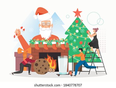 Santa Claus with candy cane, happy people decorating Christmas tree with balls garland, fireplace with Christmas socks and wreath, flat vector illustration. Preparation for winter holidays celebration