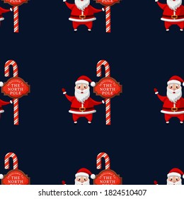 Santa Claus, candy cane and road sign North Pole. Christmas Seamless Pattern with Christmas elements. Vector Illustration on dark blue background